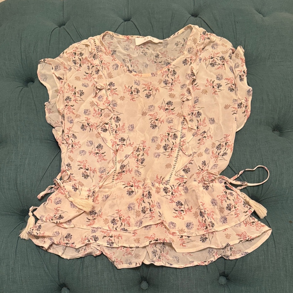 Astr Floral Ruffle Blouse in Cream and Pink